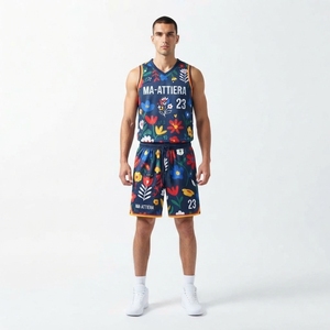 Ensemble short et maillot de basket floral bleu marine pour homme, sans manches, col en V, imprimé intégral, uniforme de sport personnalisé - Product Image 1
