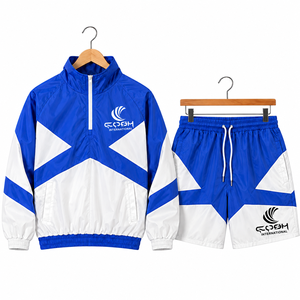 Conjunto Deportivo Unisex Azul y Blanco con Estampado Geométrico, Chaqueta con Cierre de Cremallera, Pantalones Cortos de Secado Rápido para Primavera - Product Image 1