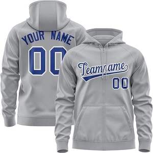 Sudadera deportiva con capucha y cremallera personalizada para hombre, color gris, con nombre del equipo y número estampados por sublimación, manga raglán. - Product Image 1