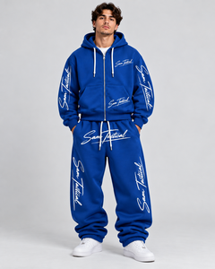 Ensemble de survêtement tactique bleu Sam avec capuche, fermeture éclair intégrale, sweat-shirt et pantalon, unisexe, style décontracté, respirant, en polyester, pour l'automne - Product Image 3