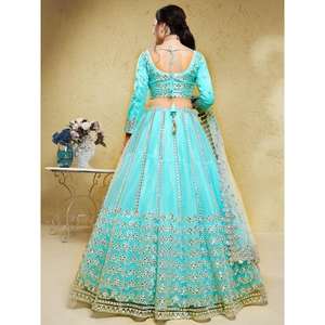 Incroyable filet de travail bleu ciel Sangeet Wear Lehenga Choli avec Dupatta - Product Image 2