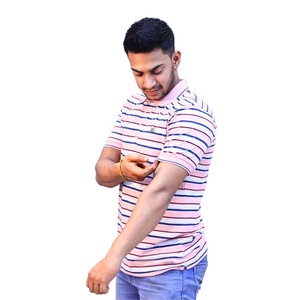 Người đàn ông thường xuyên phù hợp với một nửa tay áo Polo T-Shirt, sọc, giàu bông gân cổ áo đào với Hải Quân và sọc trắng. - Product Image 5