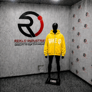 Sudadera con capucha extragrande amarilla con cremallera completa y estampado gráfico Wake Up, estilo urbano informal para hombre - Product Image 3