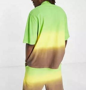 Conjunto de Dos Piezas Casual de Verano para Hombre con Logotipo Personalizable, Camisa y Pantalones Cortos de Lana Ecológica con Tinte Degradado, Cintura Elástica y Diseño Sólido - Product Image 4