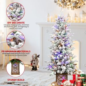 Sapin de Noël en sapin arctique floqué - 1,20 m - Sapin mince pré-éclairé en pot avec lumières scintillantes multicolores - Product Image 5