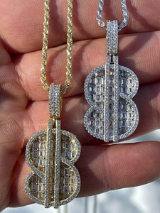 Collar con Colgante de Símbolo de Dólar Iced Out, Estilo Hip Hop, con Diamantes CZ Baguette, Cadena de Cuerda Chapada en Oro de 14k, Joyería para Hombre - Product Image 3