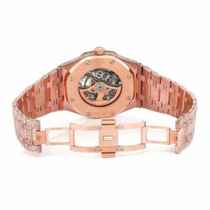 Montre automatique squelette entièrement sertie de moissanite or rose pour homme, luxe, acier inoxydable, aspect diamant, style hip-hop - Product Image 5