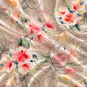 Tela de Lino Dorada con Diseño Floral Impreso Digitalmente en Acuarela, Motivo de Flores Amarillas y Naranjas, Tejido Transparente de Lujo - Product Image 2