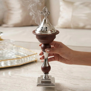 <b>Silver</b> Metal Arabic Incense <b>Burner</b> Featuring Dark Wooden Stem Accents And Domed Lid For Sophisticated Traditional Aromatherapy - Product Image 5