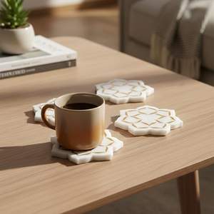 <b>Marble</b> <b>Coaster</b> with Gold Floral Printing Round Luxury Handmade 10mm Thick White <b>Coasters</b> Decorative Table Accessories - Product Image 2