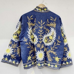 Indian Women's Breathable Reversible Quilted <b>Velvet</b> <b>Jacket</b> with Floral Embroidery 100% Cotton Suzani Party Wear - Product Image 4