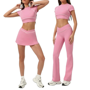 Ensembles de sport doux et unis pour femmes, tenues de yoga 2 pièces, vêtements de gym, ensemble crop top et jupe, leggings taille haute, pantalon de survêtement large - Product Image 1