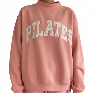 Sweat-shirt à col rond kaki pour femme, tendance, imprimé lettres Pilates, manches longues, en coton tricoté, vêtement d'automne, en vente en ligne - Product Image 4