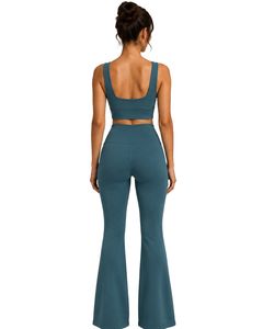 Manufacturer Custom Teal Blue Women Flared Yoga Set Square Neck Sports Bra And High Waist <b>Bell</b> Bottom Leggings Activewear Set - Product Image 2
