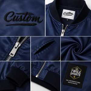 เสื้อแจ็คเก็ตบอมเบอร์สีน้ำเงินสำหรับผู้ชาย ปักโลโก้ด้านหน้า ปิดแบบสวมหัว ซับในผ้าซาติน โพลีเอสเตอร์/คอตตอน สไตล์ลำลอง สตรีทแวร์ สำหรับฤดูหนาว - Product Image 5