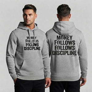 เสื้อสเวตเชิ้ตมีฮู้ดสีเทาสำหรับผู้ชาย พิมพ์ลาย Money Follows Discipline ผ้าฟลีซคอตตอน ใส่ได้ในฤดูใบไม้ร่วง - Product Image 2