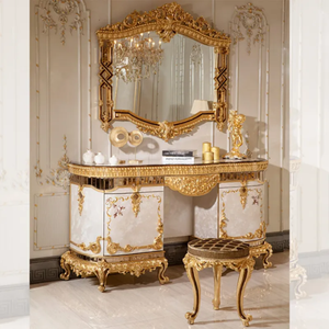 Elegant Royal <b>Dressing</b> <b>Table</b> <b>Solid</b> Mahogany <b>Wood</b> Gold Carving Antique Vanity Mirror Luxury Makeup <b>Table</b> Hotel Villa - Product Image 2