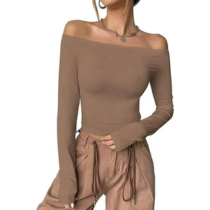 Camisetas para Mujer Estilo Europeo y Americano, Camiseta Sexy de Manga Larga con Hombro Descubierto, Blusa para Mujer - Product Image 2