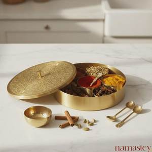Brass Masala Box: Handmade Indian <b>Spice</b> <b>Storage</b> with Spoon - Product Image 5