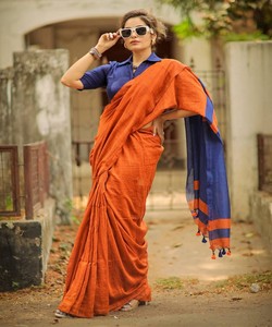 Sari Reversible de Algodón Azul y Naranja, Vestido Tradicional Indio Informal para Mujer, Largo hasta el Suelo, Corte Regular, para Todas las Temporadas - Product Image 5