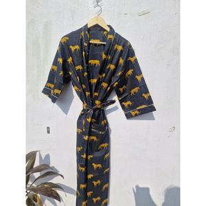 Pure Cotton Indian Block printed House Robe Summer <b>Kimono</b> <b>Beach</b> Coverup/Comfy Maternity | Fresh Yellow Mustard Pink Stripe Leopa - Product Image 1