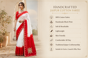 CHOHAN TEXTILE Custom Vintage Floor-Length Wedding <b>Red</b> White Organza <b>Saree</b> Handwork Border Designer Indian Bridal Women Party - Product Image 2