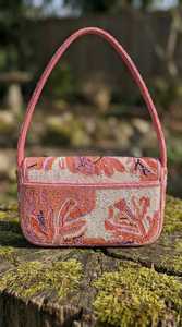 Hand-Beaded Abstract Floral Shoulder Bag - Coral Orange, Pastel Pink, and Mauve - Product Image 3