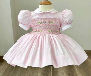 Hand Smock Light <b>pink</b> 100% Cotton Baby <b>Girls</b> <b>Dress</b> with Peter Pan Collar Cute Midi Length ODM Supply - Product Image 2
