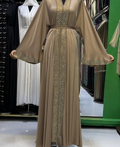 Wholesale Modest Dubai Beaded Sequined Long Sleeve Abaya Muslim Traditional Handmade Wedding Women Polyester Breathable V Neck - Product Image 5