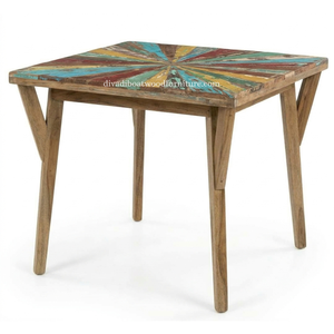 Mesa de comedor cuadrada de madera recuperada de barco, sistema desmontable, color original, para 2-4 personas, estilo costero multicolor - Product Image 2