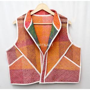 New Arrival Women's Indian Handmade Knitted Cotton Multicolor Classy <b>Kantha</b> Vintage V-neck Women Short Vest - Product Image 2