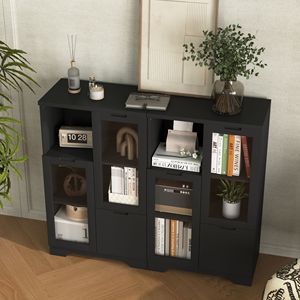 Mobiletto da terra in legno nero con 2 ante in vetro e 2 spazi contenitori per soggiorno, bagno o ingresso - Product Image 6
