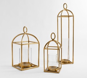 Modern Gold Metal <b>Lantern</b> Candle Holder <b>Set</b> with Glass Hurricane Inserts Decorative Tabletop Centerpiece for Home Wedding Party - Product Image 2