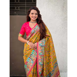 Sari Darbari Elite Weaves en soie viscose pure jaune moutarde, imprimé positionné, 750g, pour robes de cocktail - Product Image 5