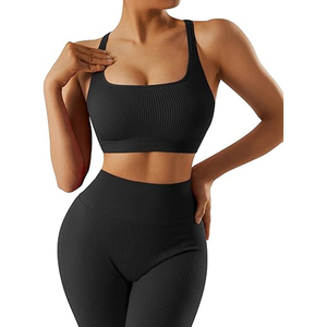 Ensemble de leggings de yoga noirs taille haute, longueur intégrale, couleur unie, côtelés, en Spandex et Polyester, pour femme, pantalon d'entraînement sans couture à taille élastique - Product Image 4