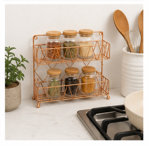 Étagère à épices de luxe moderne en métal or rose, sur pied, à 2 niveaux, gain de place, pour cuisine, rangement d'assaisonnements, accessoires - Product Image 4