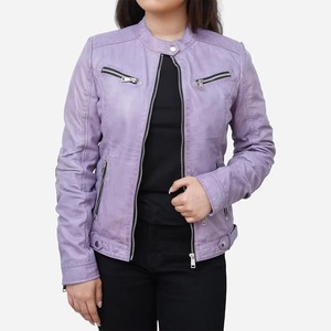 Blouson en cuir classique personnalisé pour femme, style motard, en véritable peau de mouton, coupe ajustée, vente en gros - Product Image 1