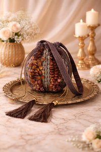 Bolsa Potli de Cuentas de Madera Hechas a Mano con Cierre de Cordón |   Bolso de Hombro Batua de Diseño Étnico para Mujer con Forro de Satén y Decoración de Perlas - Product Image 3