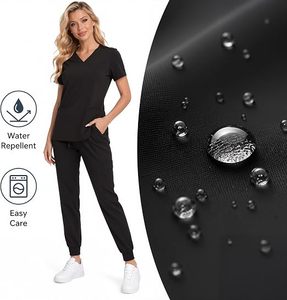 <b>Women</b> <b>Black</b> <b>Scrub</b> Set Short Sleeve V-Neck Top With Drawstring Pants Hospital Uniform Cotton Blends Knitted Fabric - Product Image 5