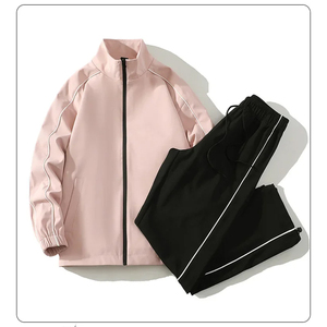 Ensemble de survêtement unisexe rose avec pantalon de jogging noir, fermeture éclair sur toute la longueur, couleur unie, vêtements de sport décontractés pour adultes, tenue de printemps - Product Image 1