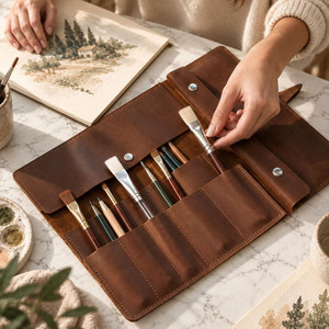 Porte-crayons en cuir de qualité supérieure, organiseur d'outils de dessin, logo personnalisé, accessoire d'artiste personnalisé, prix de gros - Product Image 1
