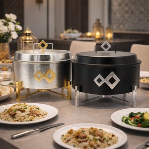Plat de service de luxe en acier inoxydable pour buffet, chauffe-plats pour mariage, style Moyen-Orient, rond, avec support à tige - Product Image 1