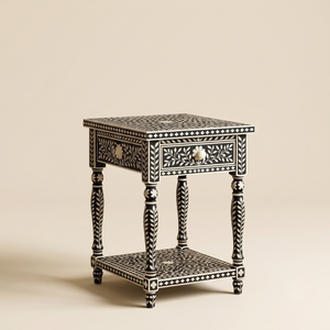 Custom <b>Black</b> Bone Inlay <b>Bedside</b> Table 1 <b>Drawer</b> Floral Handmade Nightstand Luxury Wooden Bedroom Side Table - Product Image 1