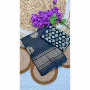 ผ้าส่าหรีงานพิมพ์ลาย Georgette Foil เสื้อเบลาส์ unstitched สีน้ำเงินเข้ม - Product Image 1