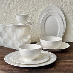Elegant White Porcelain Oval Plates Bowls Embossed Scalloped Edge Durable BPA Free Leak-Proof Dishwasher Safe Dinnerware <b>Sets</b> - Product Image 4