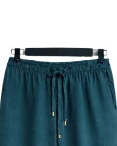 Ensemble deux pièces décontracté pour femme : chemise orange rouille et pantalon large bleu marine en coton et lin – Fabricant OEM personnalisé - Product Image 2