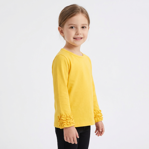 Girls' Spring Autumn Winter Comfortable Soft Crew Neck Long Sleeve T-Shirt 100% Cotton Breathable Wood Ear Lace Cuffs Versatile - Product Image 2