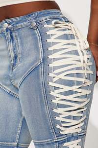 Lace Wide Leg Breathable Casual Women Mid Waist Baggy Denim Flared Leg <b>Jeans</b> Patchwork Detail Light Wash - Product Image 6