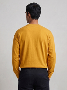 Men's <b>Short</b> <b>Sleeve</b> <b>Henley</b> T-Shirt Yellow 100% Cotton Knitted Loose Fit Oversized Summer Anti-UV Breathable - Product Image 2