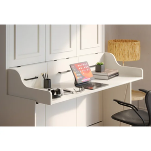 Lit Murphy blanc taille Queen, lit mural pliable moderne, meuble de chambre convertible gain de place avec étagère de rangement - Product Image 2